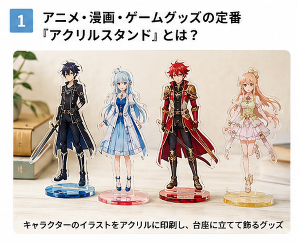 アニメ・漫画・ゲームのキャラクターグッズとして並ぶ複数のアクリルスタンド