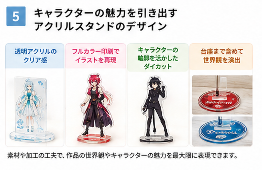 透明アクリル、フルカラー印刷、ダイカット、台座デザインのポイント